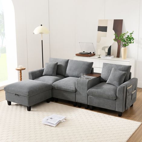 Ecksofa in L-Form 229/149,5/83 cm grau aus Cord mit Konsole, USB und Stauraum (1/5)