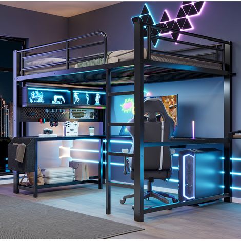 Gaming-Hochbett (140 x 200 cm) mit Schreibtisch, Tastaturablage, Staufächern, LED-Beleuchtung und Ladestation, Schwarz. (1/5)