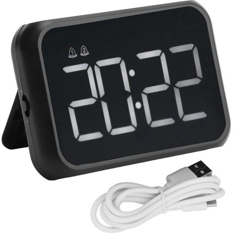 Réveil numérique noir compact avec commande vocale, volume réglable, recharge USB, fonction répétition, pour bureau. (1/5)