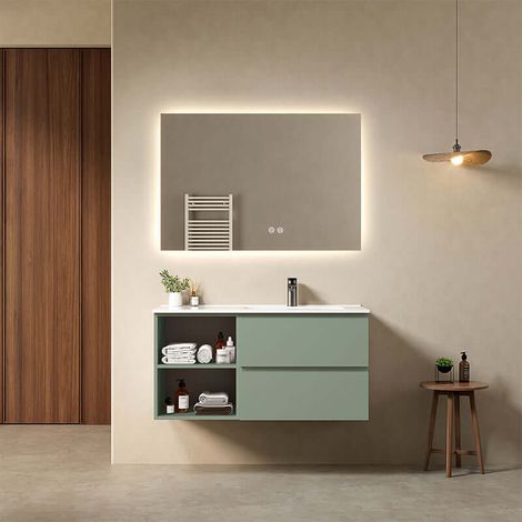 Mobile bagno sospeso 100 cm Verde Salvia Lavabo a Destra in Ceramica Specchio Quadro Retroilluminato - Fiji Paint Plus (1/4)