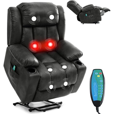 Fauteuil relevant avec moteur silencieux, fauteuil élévateur pour personnes âgées Réglable électriquement, chauffage lombaire, massage à 8 points, charge USB, cuir imperméable, montage facile (1/5)
