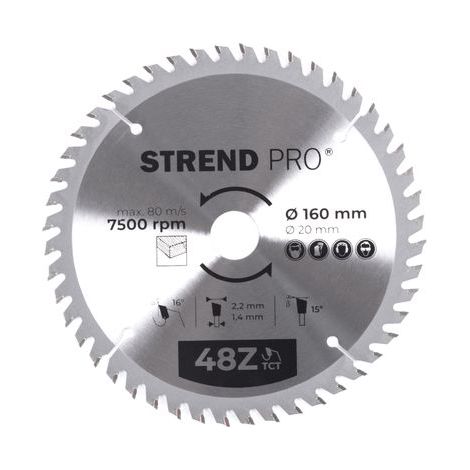 Scheibe Strend Pro TCT 160x2.2x20/16 mm 48T, für Holz, Sägeblatt, SK-Zähne