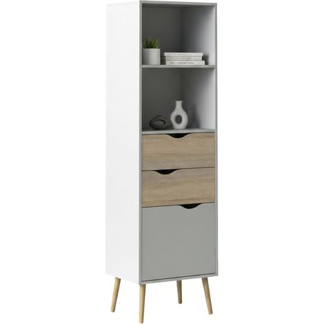 Dmora Libreria in stile scandi a due ripiani due cassetti e un'antina, colore bianco e rovere, Misure 50 x 171 x 39 cm, con imballo rinforzato
