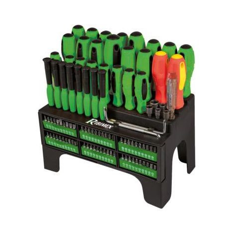 Ribimex – Coffret de tournevis 101 pièces – Embouts pour vis à tête cruciforme et plate – Support de rangement inclus – Pour travaux d'atelier