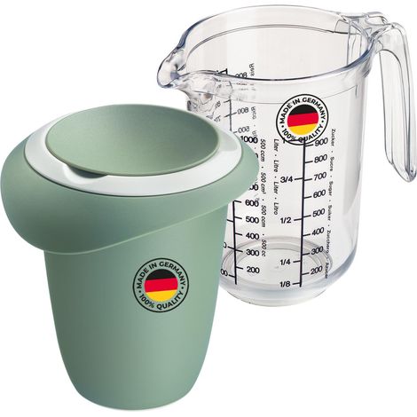 Pichet mélangeur (1 L) et gobelet gradué "Gerda" (1 L) – Pichet mélangeur avec protection anti-éclaboussures – Gobelet gradué – Vert menthe/blanc/transparent (1/5)