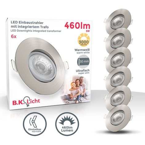 Einbaustrahler 68mm 6er Set - 230V, 4,9W, 480lm, LED, warmweiß, matt-nickel