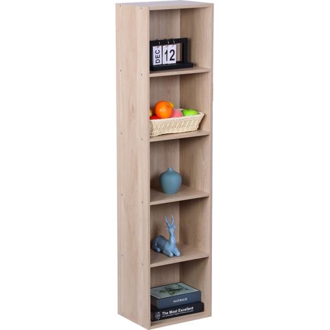 Relaxdays Bücherregal, HxBxT: 132 x 32 x 24 cm, 5 Fächer, Buchregal Würfel, offenes Standregal für Wohnzimmer, eiche