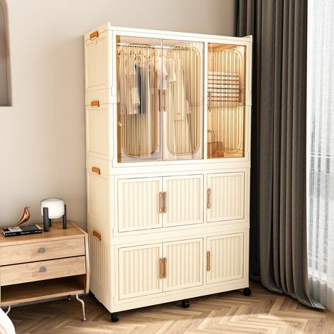 Armoire modulaire pliable en plastique avec 9 portes magnétiques, 1 tringle à vêtements, 6 roulettes pivotantes verrouillables, 6 cintres inclus, grand espace de rangement pour chambres, appartements, (1/5)