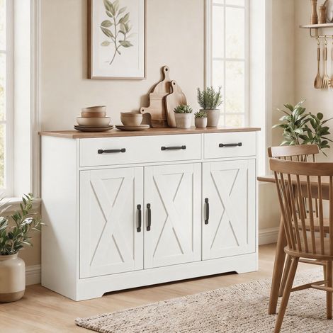 Buffet cuisine. meuble de rangement avec 3 portes de grange. 2 tiroirs et étagères réglables. 108 x 40 x 81 cm. blanc (1/5)