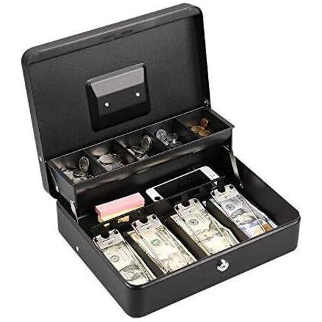 Boîte à billets en métal verrouillable argent, pièce de monnaie et boîte de sécurité grande caisse avec serrure - nouvelle boîte à billets en métal - noir