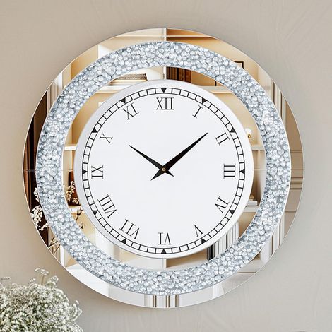 Luvodi – Horloge murale silencieuse 60cm ronde en verre biseauté – Design miroir avec cristaux brillants – Pour salon et chambre – Argent