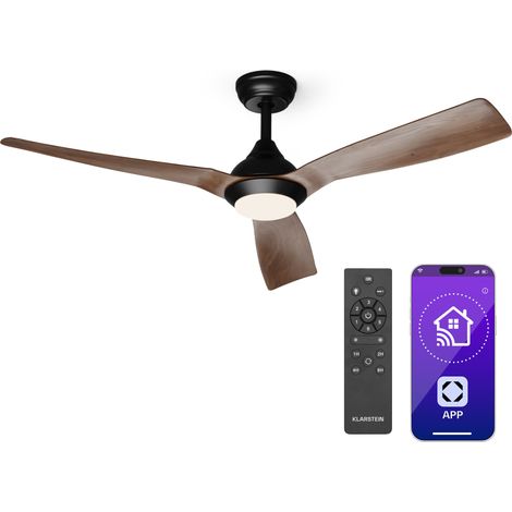 Klarstein Smart Deckenventilator mit Beleuchtung 132 cm, 2-in-1 Deckenlampe mit Ventilator, LED dimmbar, Fernbedienung & App-Steuerung, 6 Geschwindigkeiten, Sommer- & Wintermodus, Walnuss