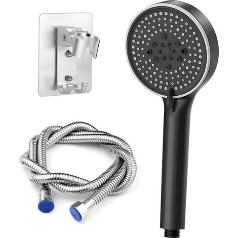 Pommeau de douche, avec tuyau de 2 m, haute pression pommeau de douche economie deau,douchette,5 types de jet, rond 120 mm, noir (1/5)