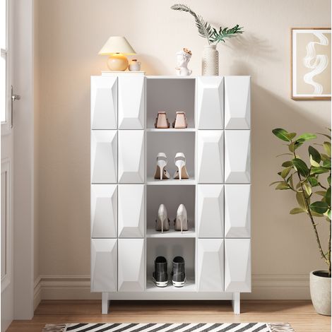 MODFU – Vetrina e scarpiera 90,5x34x135,5 cm con 12 nicchie, 4 ante a rilievo e vano multiuso per ingresso o salotto – Bianco (1/5)