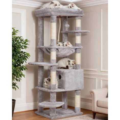 Arbre à Chat pour Gros Chats 20 lbs (9 kg) Résistant, Tour XXL 152 cm pour Chat d'Intérieur, Meuble Multi-Niveaux avec Plateforme en Peluche, Panier Doudou, Condo HCT050W (1/5)