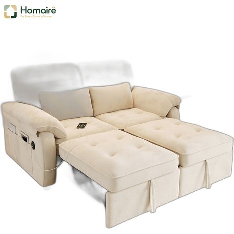 Canapé en velours beige avec couchage coulissant, accoudoirs et port USB 142 x 90 x 86,5 cm HOMAIRE (1/5)