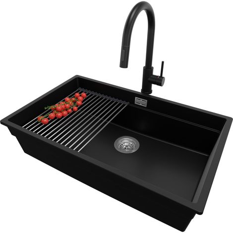 PRIMAGRAN Evier Sous Plan 76x47cm, Evier en Granit 1 bac + Robinet 40x20cm + Kit de Vidage + Égouttoir Enroulable, Évier au meuble 80cm - Prague, Noir (1/5)