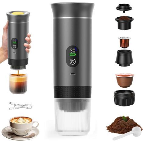 Cafetière Portable 3 en 1,Rechargeable Cafetière Portable de Voyage,12V Expresso Machine a Cafe pour Capsule,Café Moulu,pour Camping,Voyage,Bureau,Voiture,Maison, Gris