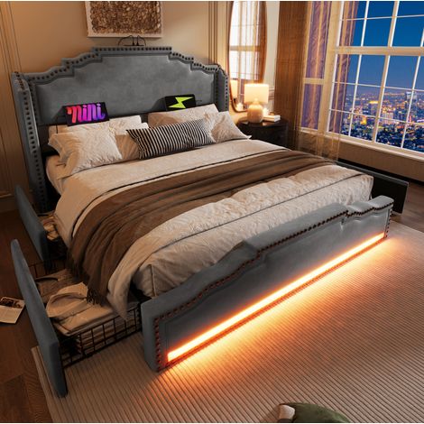 Letto matrimoniale in velluto grigio 180x200 cm con 4 cassetti, illuminazione a LED, porte USB e USB-C, rete a doghe inclusa. (1/5)