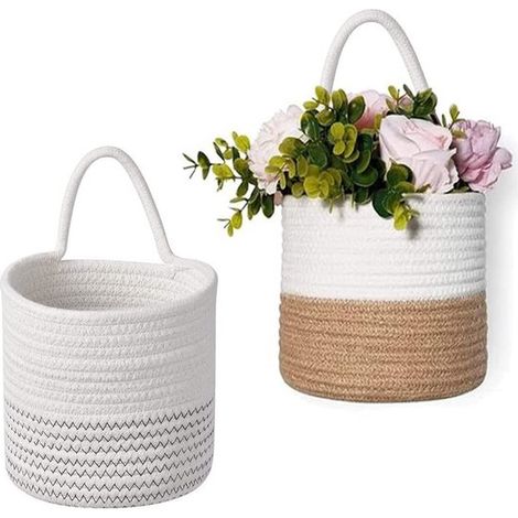 Set di 2 cestini in cotone intrecciato, cestini sospesi per piante e giocattoli, 18 x 19 cm, ideali per decorare e organizzare la casa. (1/5)