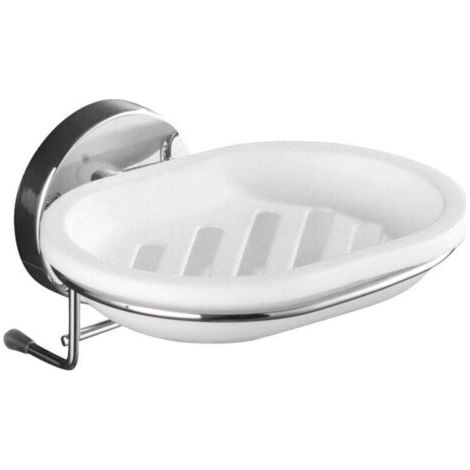 QORVA-Porte savon mural sans percer Milazzo, Porte savon mural Vacuum-Loc® fixation sans perçage, repositionnable sans laisser de trace, Acier - plastique, 13x6x12 cm, Brillant - blanc (1/4)