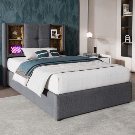 Letto singolo con ricarica wireless USB-C, struttura imbottita 90x200 cm, struttura con vano contenitore, rete a doghe in legno - cotone grigio (materasso non incluso)
