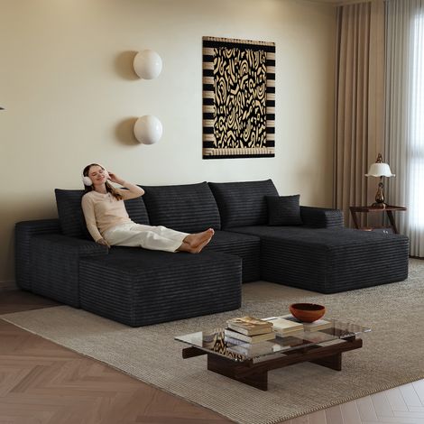 Canapé d'angle modulaire sans os de 270 cm avec méridienne en L, canapé modulaire moderne à assise profonde, livré monté, canapé compressible pour salon, chambre, appartement, noir (1/5)