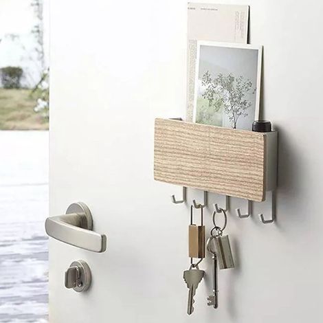 Porte-clés mural de style japonais, crochet sans perçage, porte-clés, étagère de rangement multifonctionnelle en bois massif pour portes, couleur bois naturel. (1/5)