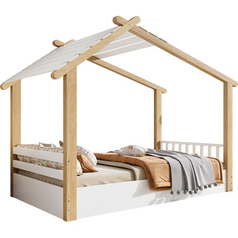 CHICFURN Letto casetta bimbi 90x200 cm legno bianco/naturale, rete a doghe, senza materasso (1/5)