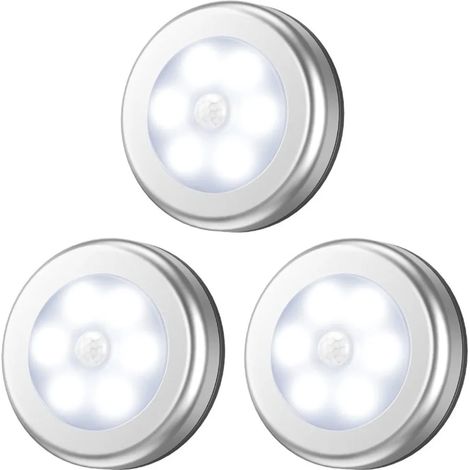 Lot de 3 veilleuses à 6 LED avec détecteur de mouvement, allumage/extinction automatique pour couloir/cuisine/chambre/escalier/placard (argenté, lumière blanche)