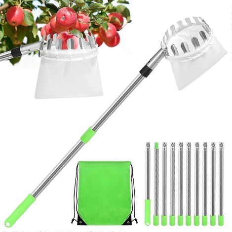 Cueille-fruits de 4 m avec poignée télescopique, cueille-pommes avec perche de connexion en acier inoxydable et sac en tissu, pince à fruits ( ) (1/5)