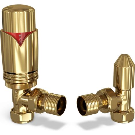 Stirling Bold - Polished Brass Thermostatic Radiator Valve & Lockshield Angled 8mm