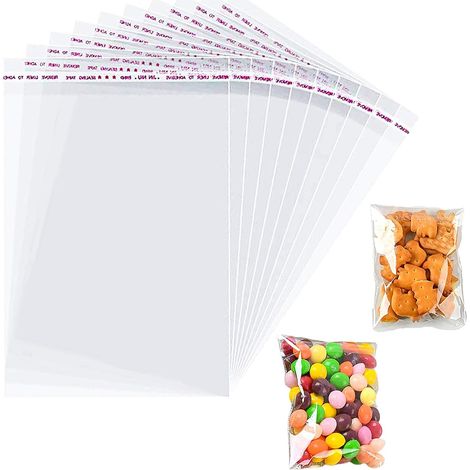 Pack of 100 resealable cellophane bags - 10 x 18 cm - Mini self-adhesive bags with closure for sweets, cookies, gifts (1/5)