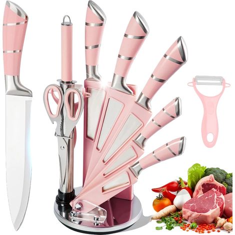 Juego de cuchillos de cocina de calidad profesional, colección completa de 9 piezas, color rosa. (1/5)