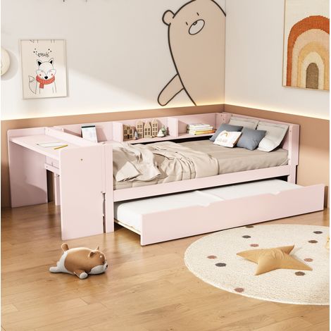 Lit enfant 241,9/112/73 cm rose en bois de pin et MDF avec lit gigogne, bureau et 3 étagères (1/5)