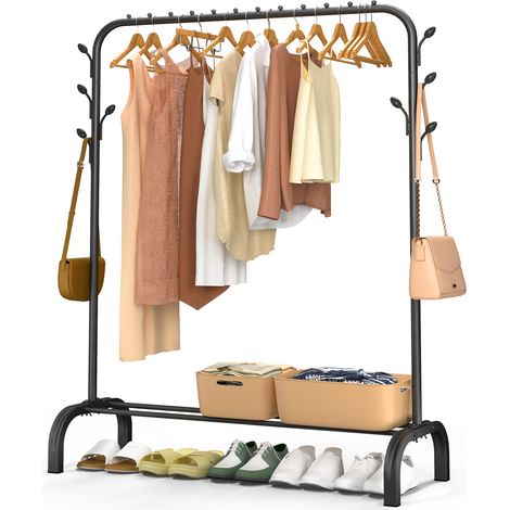 VOUNOT® Metall Kleiderständer ,Kleiderstange Garderobenständer mit Schuhregal und 8 seitlichen Haken 110x41x150cm Schwarz