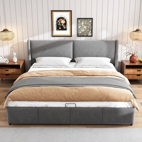 Lit double 180x200 cm en tissu gris avec tête de lit oreiller et coffre de rangement hydraulique, sans matelas (1/5)