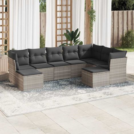 [Ensemble de Salon de Jardin Modulaire] 9 Pièces Gris avec Coussins - Tressé Résine (1/3)