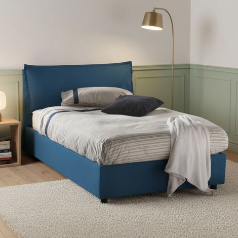 Talamo Italia - Letto piazza e mezza Abbygale, Letto contenitore con rivestimento in tessuto, 100% Made in Italy, Apertura frontale, con materasso Cm 120x200 incluso, Blu (1/5)
