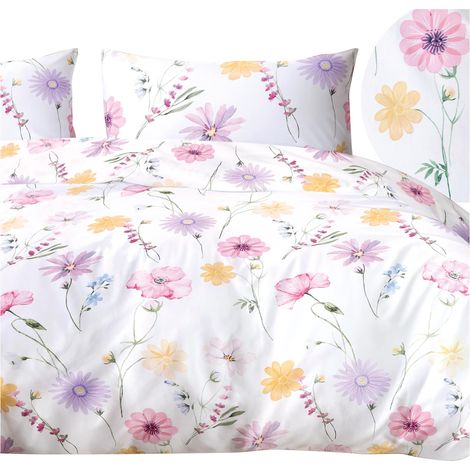 Baumwollbettwäsche 180x200, Satin, Baumwolle, feminine Blumen, Farben: Rosa, Lila (1/5)
