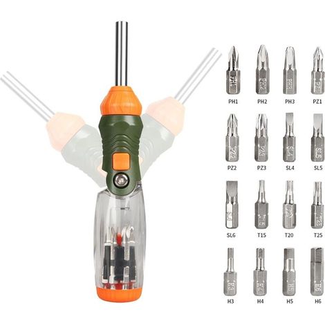 Ensemble de tournevis à cliquet multi embouts 16 en 1 avec tête plate/Philips/Torx/hexagonal/carré/kit de réparation, angle réglable, magnétique (1/5)