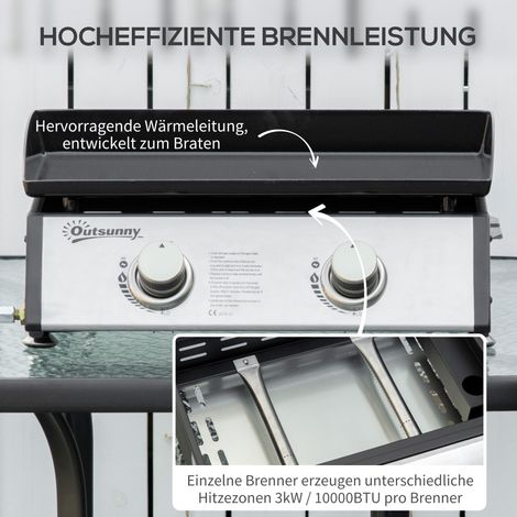 Barbecue gaz 2 feux avec tuyau d'arrosage, plancha antiadhésive inox argenté, dimensions 48,5 x 48 x 21 cm