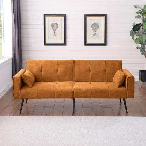 Canapé convertible de tela naranja, sofá cama tipo futón plegable con patas metálicas