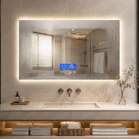 LED-Badezimmerspiegel, intelligenter beschlagfreier Touch-Spiegel mit Digitalanzeige für Uhrzeit und Temperatur, rahmenlos, rechteckig, 100x60 cm (1/5)