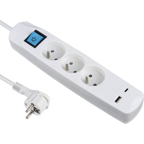 Bloc Multiprise 3 Prises Françaises + 2 USB 3.4A 17W (1 Type A + 1 Type C), Avec interrupteur ON/OFF, Fiche Extra Plate 90° 16A, Câble 1.5M (1/5)