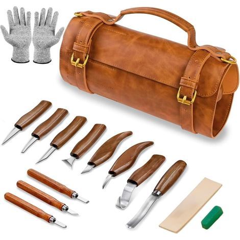 Sculpture Bois Kit, 15 in 1 Pack Outils Deluxe contiennent des Couteaux à Tailler, Gouge a Bois, Gants, Pâte à Polir, XU,un Sac en Cuir, pour Débutants/Professionnels (1/4)