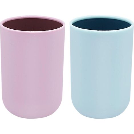 (2-teilig) Badezimmerbecher, Zahnbürstenbecher, Zahnbürstenhalter aus Kunststoff, Zahnbürstenbehälter fürs Badezimmer (Blau, Rosa) (1/5)