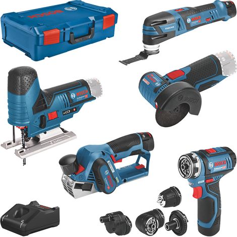 Bosch – Pack de 5 outils électroportatifs 12V – Perceuse-visseuse GSR, scie sauteuse GST, meuleuse GWS, rabot GHO, multi-cutter GOP – 3 batteries 2.0Ah et 1x 3.0Ah