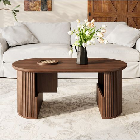 Ovale Couchtisch 105 x 50 x 46,5 cm aus MDF in Walnussoptik mit integriertem Stauraum OKMYHOME (1/5)