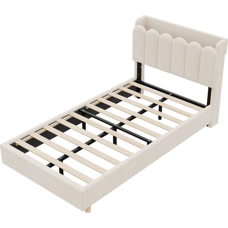 Lit enfant 90 x 200 cm en velours beige avec tête de lit rembourrée, prise USB & Type-C, lampe de lecture, sans matelas (1/5)